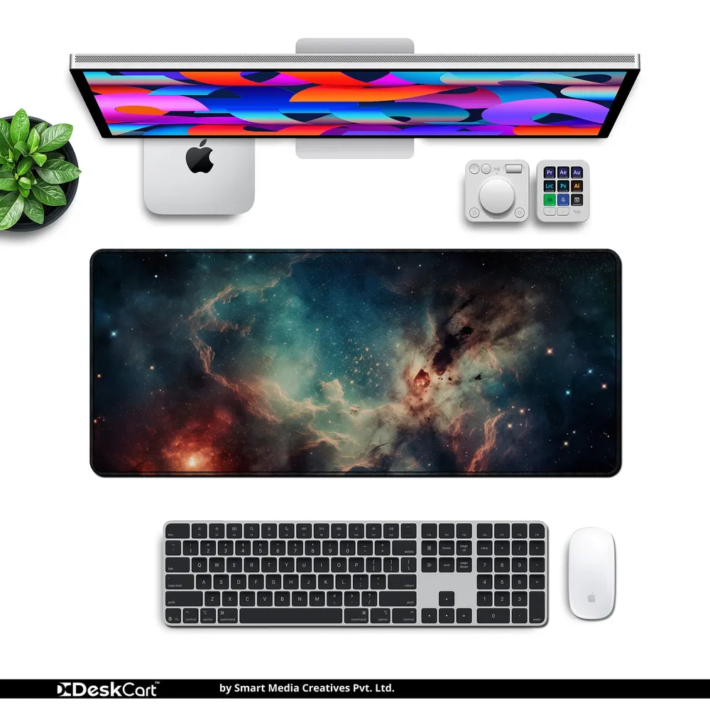 DeskCart Celestial Nebula desk mat on a styled workspace