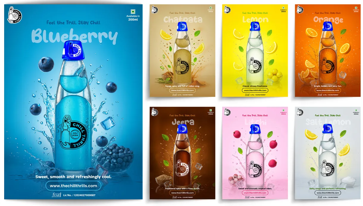 The Chill Hills soda posters in blueberry, chatpata, lemon, orange and jeera flavours