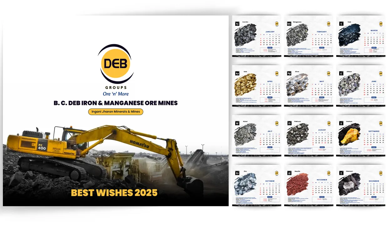 DEB Groups 2025 calendar pages featuring ore and mineral photography