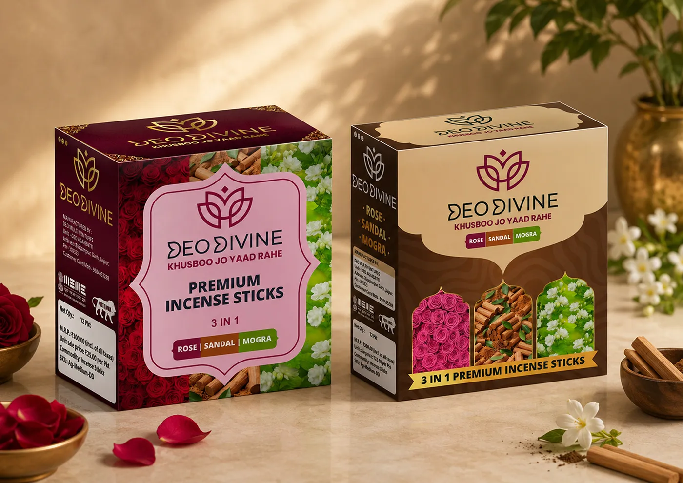 Deo Divine Rose, Sandal and Mogra incense boxes styled with flowers and lamps
