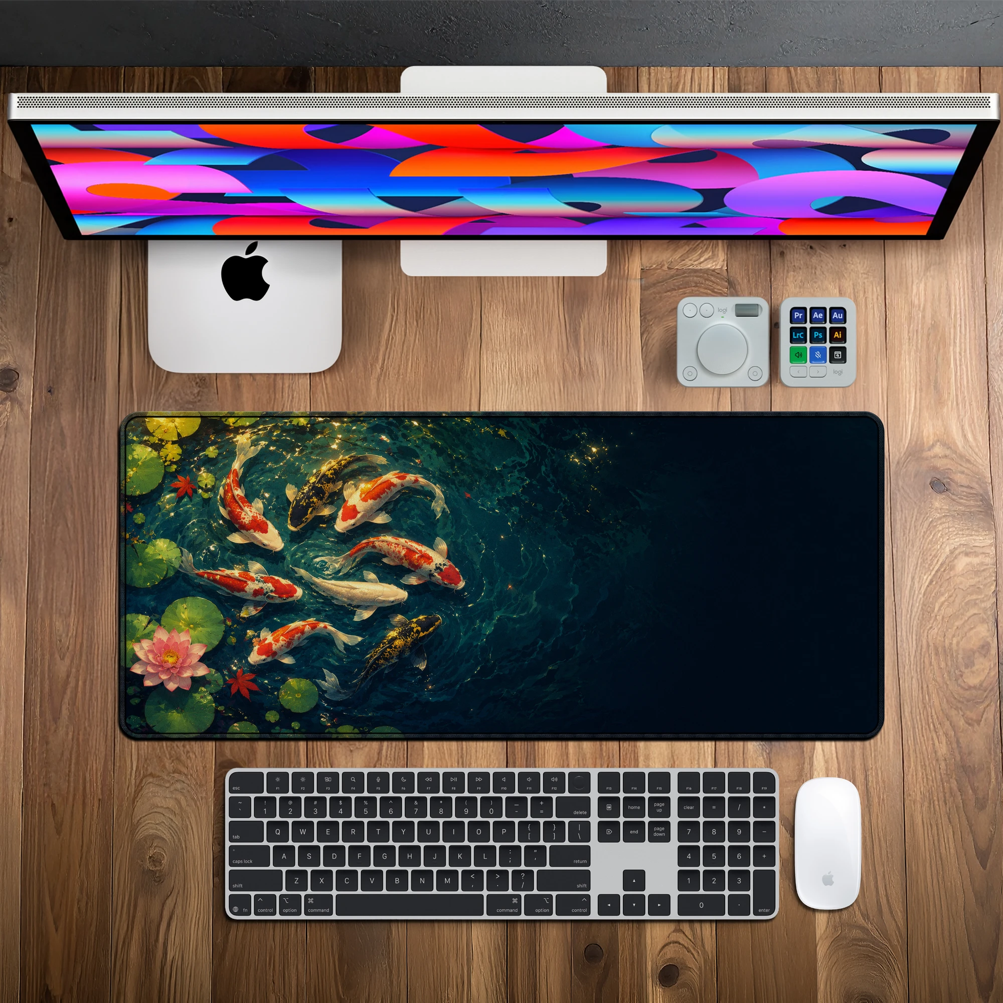 DeskCart koi fish deskmat shown in a desktop setup