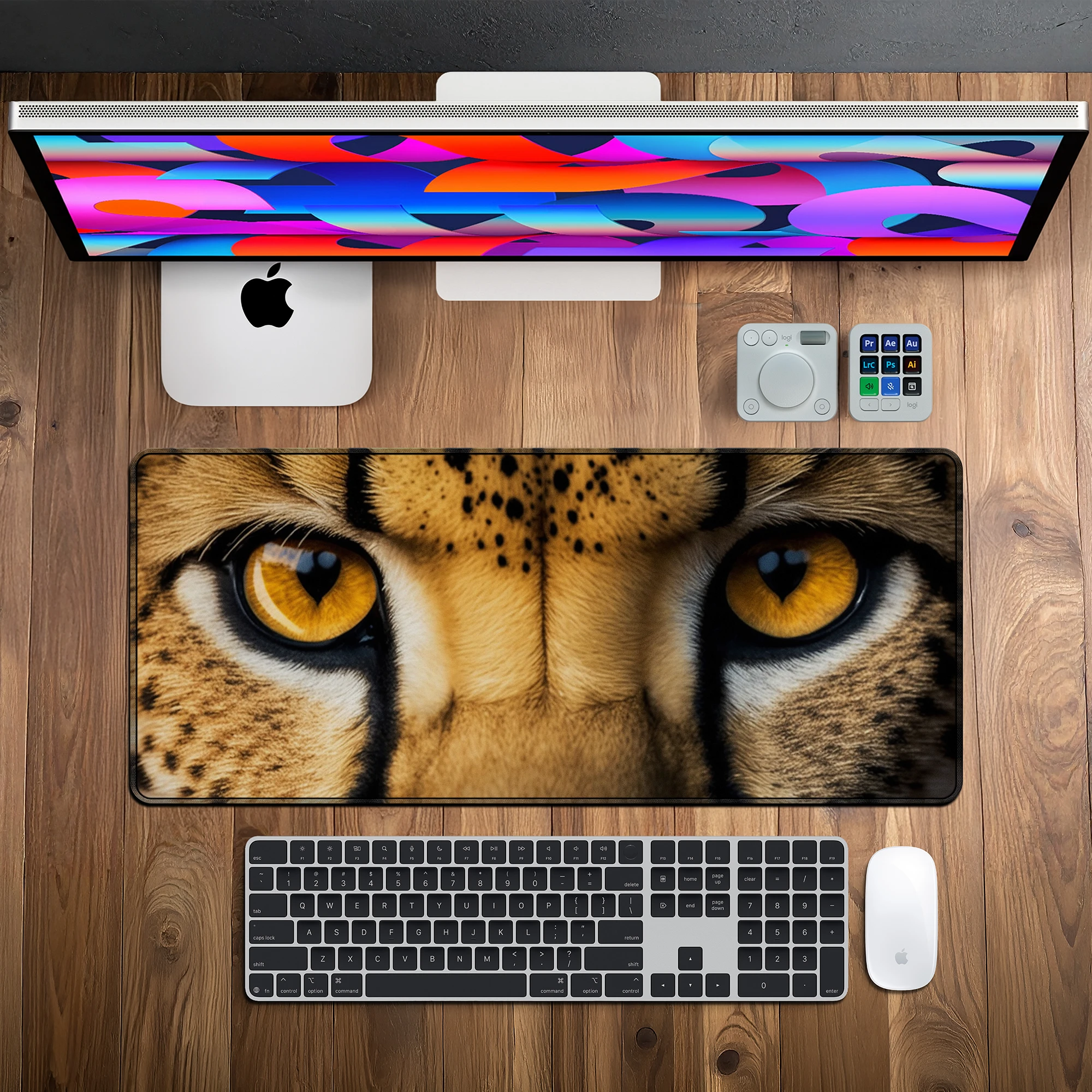 DeskCart leopard-eye deskmat shown in a desktop setup