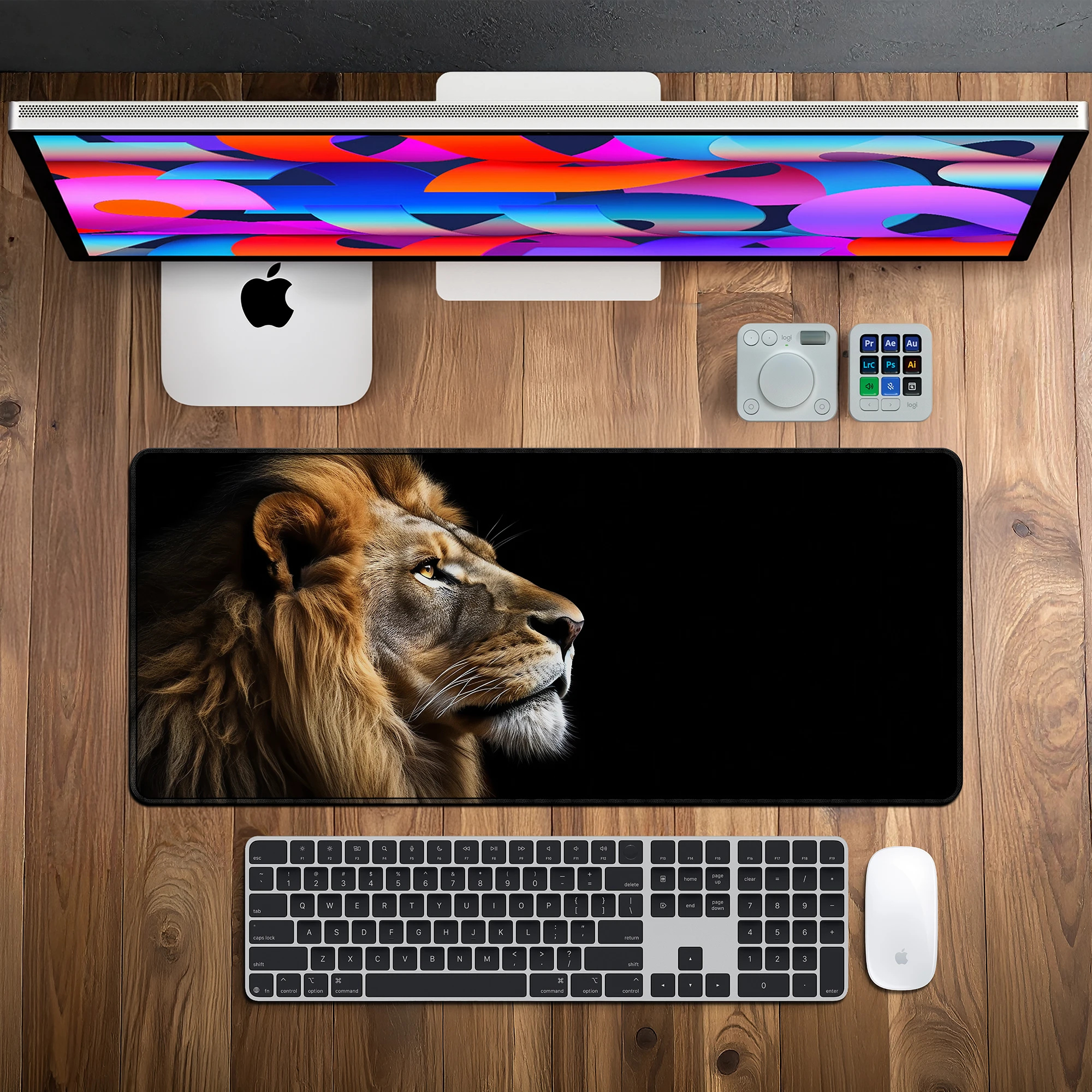 DeskCart lion deskmat shown in a desktop setup
