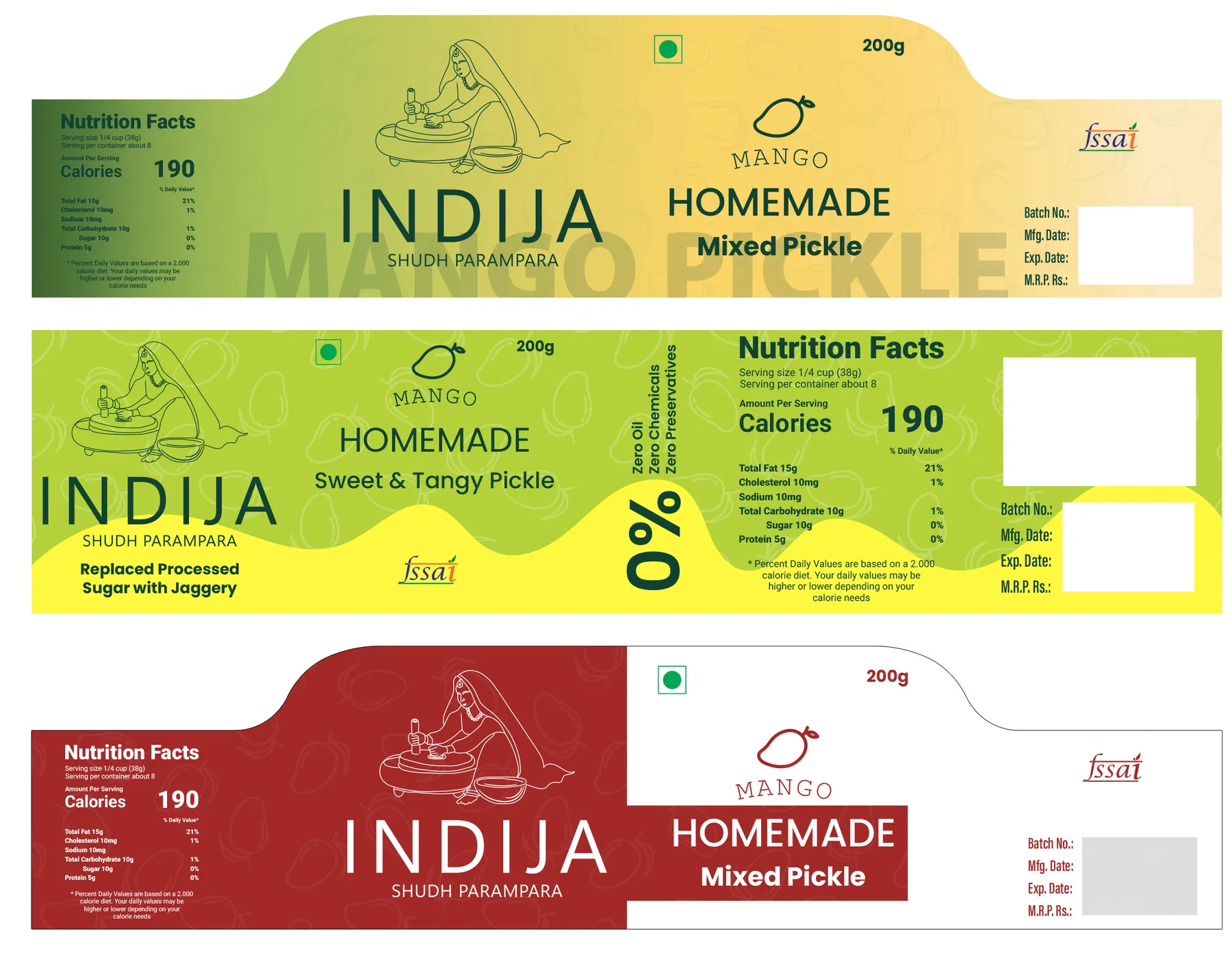 Indija mango pickle labels in green, yellow and red variants
