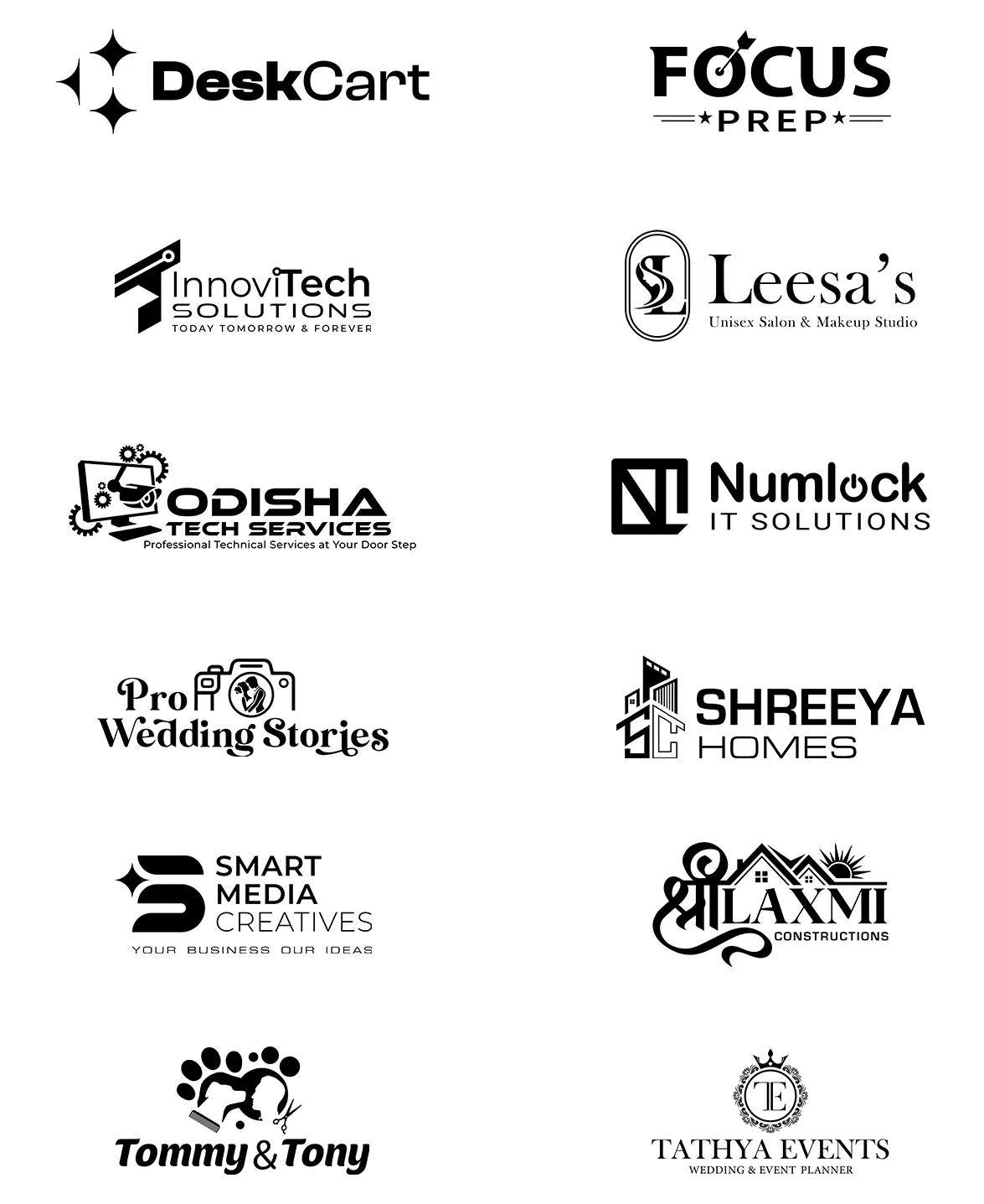 Logos for DeskCart, Focus Prep, InnoviTech, Leesa's, Numlock, Shreeya Homes and more