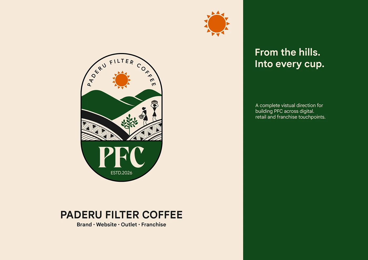 Paderu Filter Coffee badge logo with hills and sun on cream and green