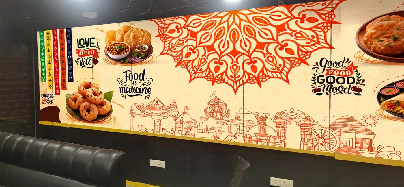 Restaurant wall mural with mandala, Odia temple line art and food typography