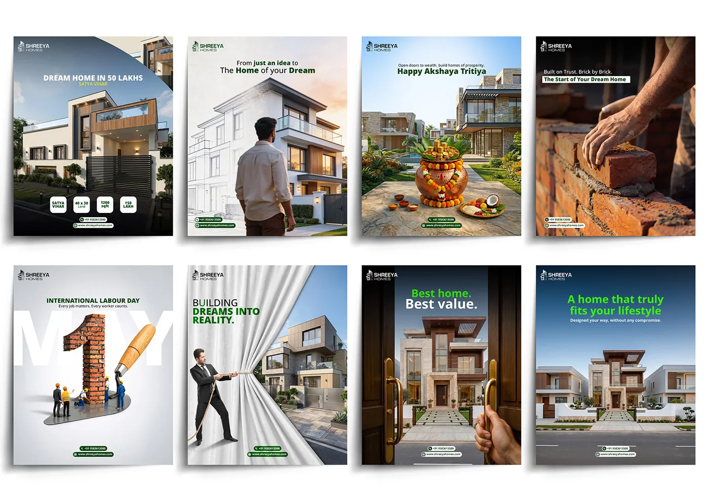 Shreeya Homes social media posts featuring homes and occasion greetings