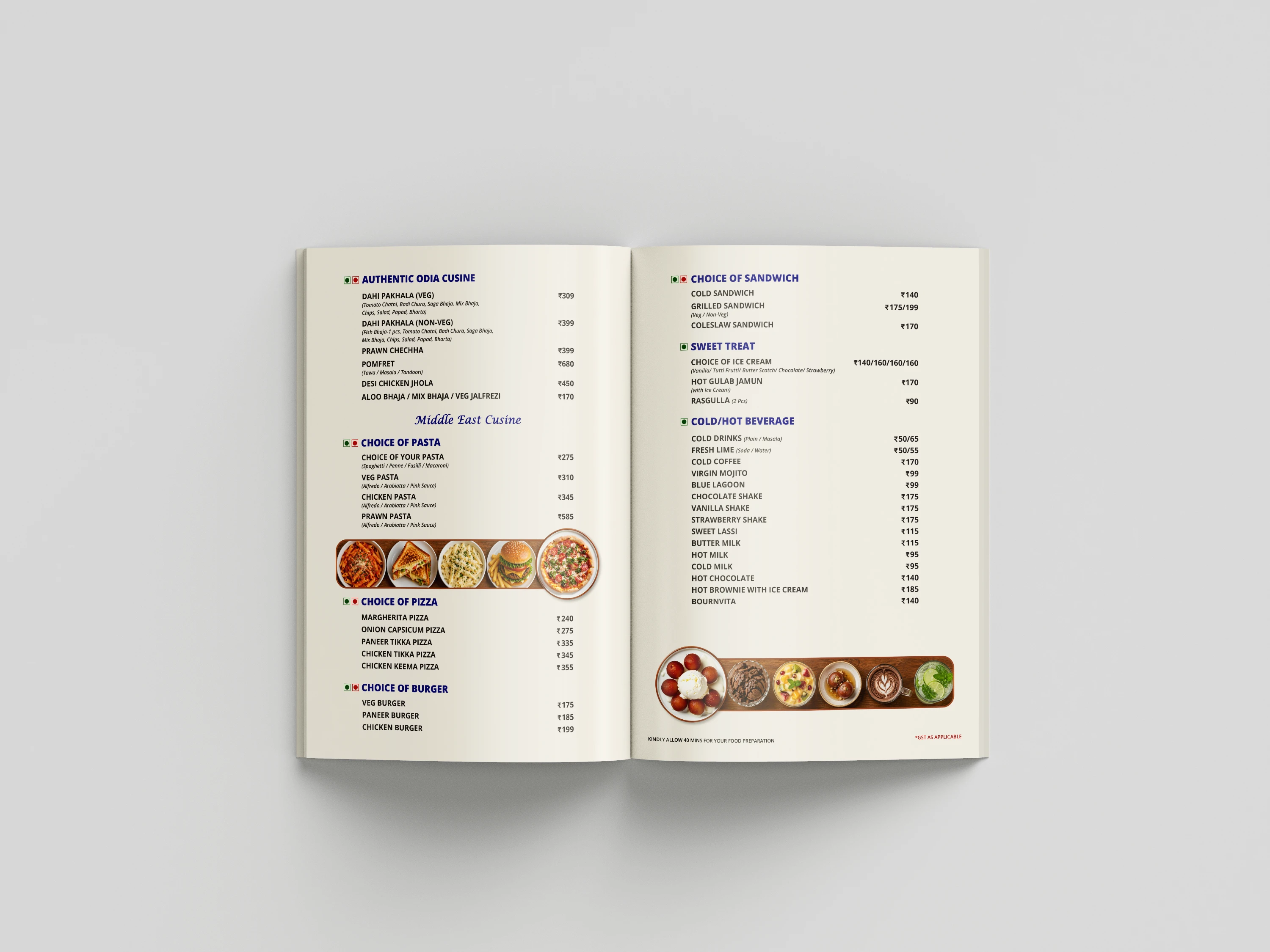 Pinky's Kitchen menu book presentation
