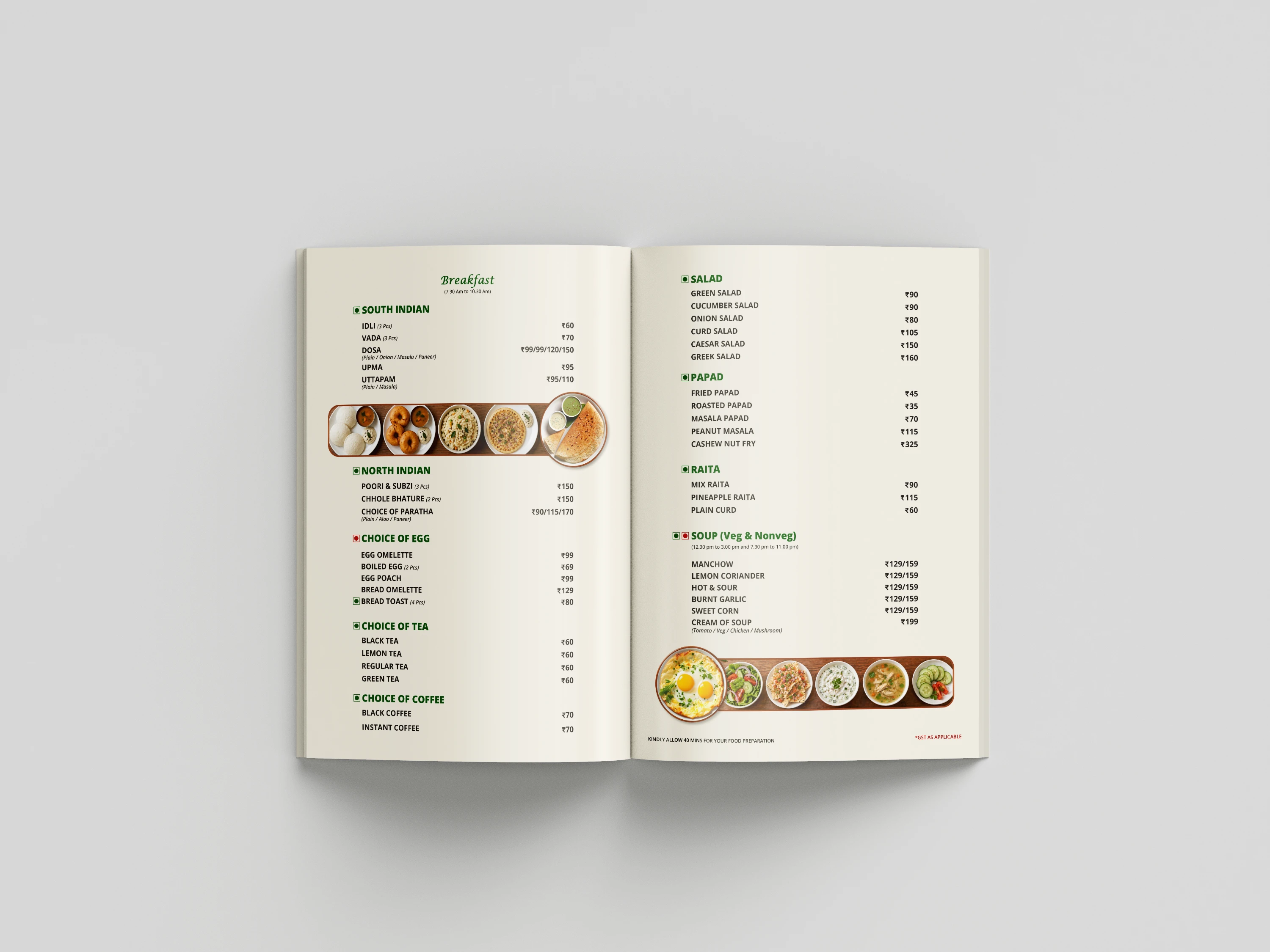 Open menu showing breakfast, salads, papad and soup sections