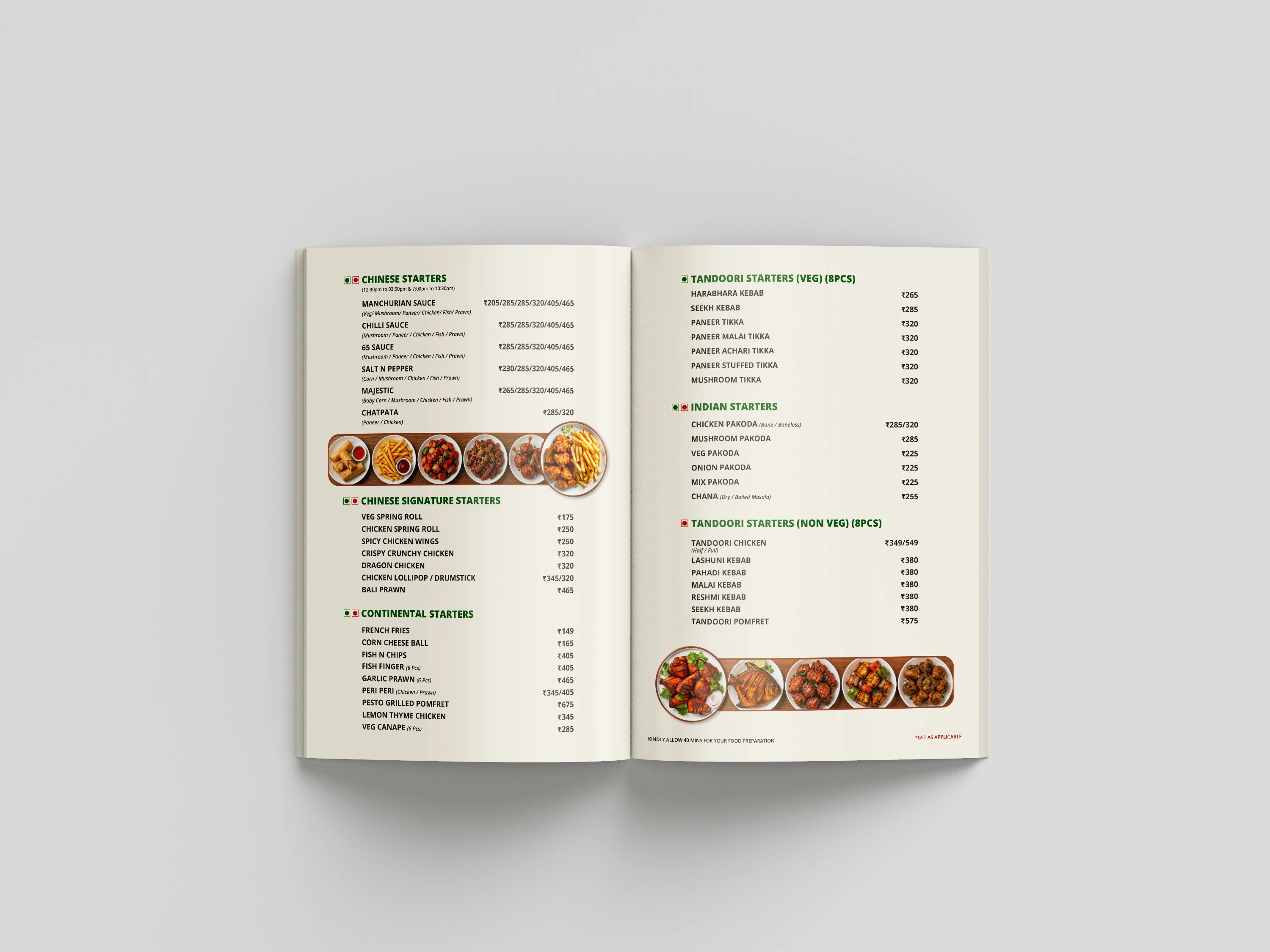 Open menu showing Chinese and tandoori starters with food photography