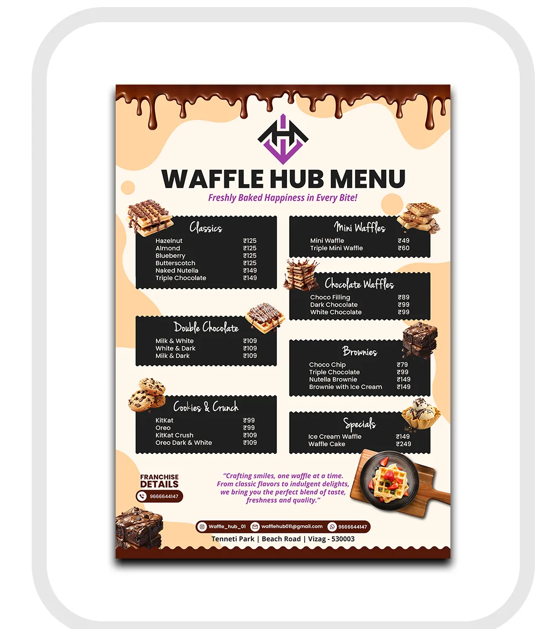 Waffle Hub menu with waffles, brownies and specials