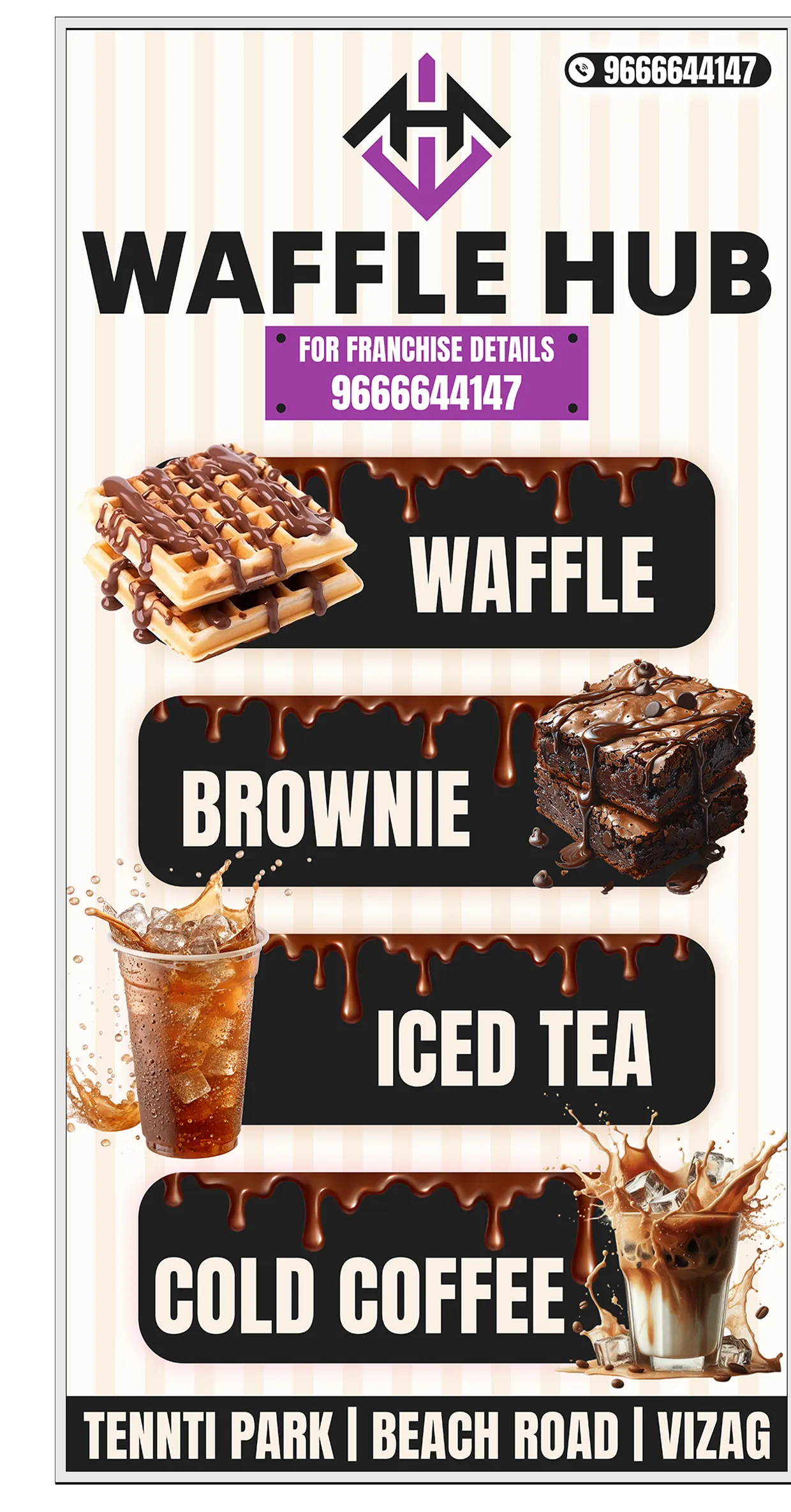 Waffle Hub standee listing waffle, brownie, iced tea and cold coffee