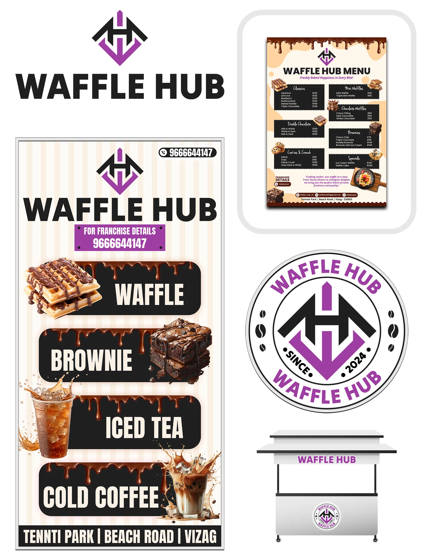 Waffle Hub logo, standee, menu, seal and kiosk counter