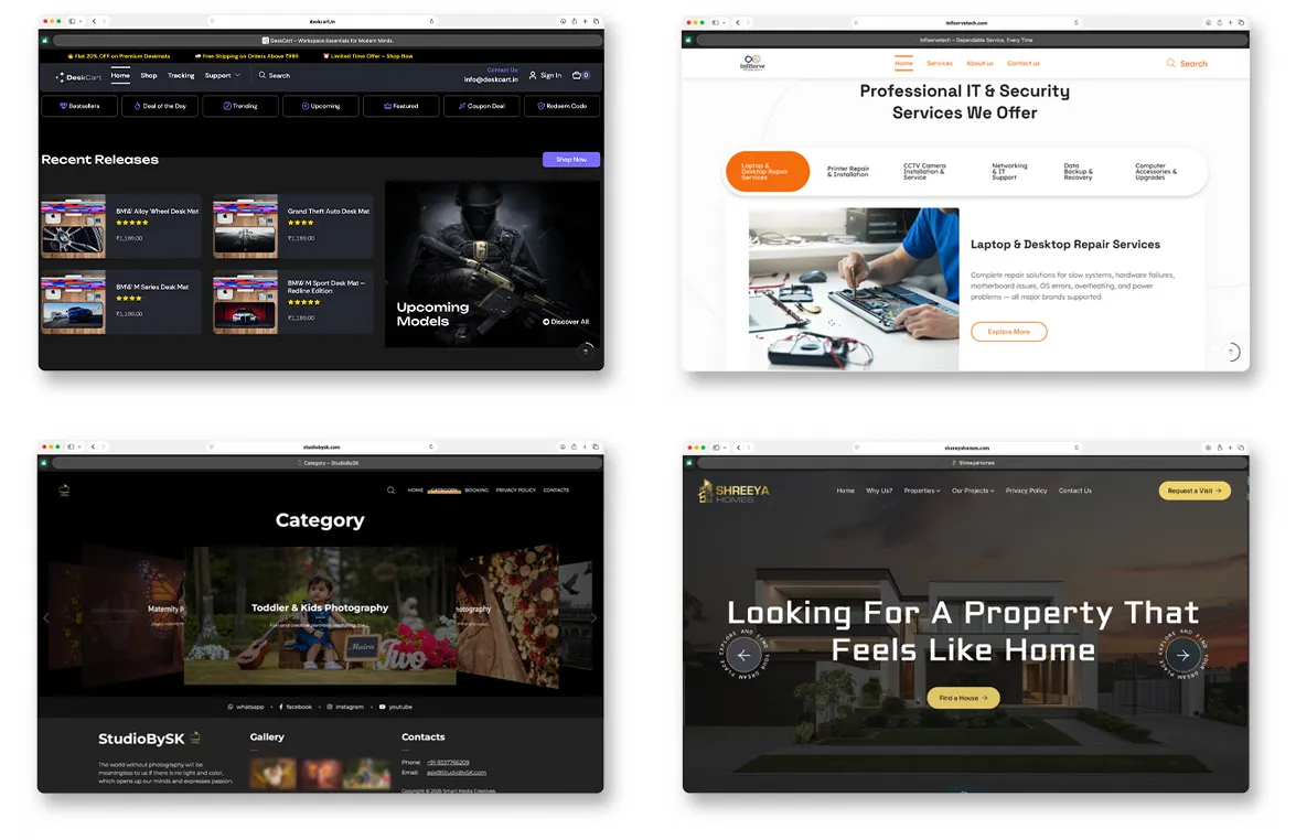 Selected website screens: entertainment, IT services, photography and real estate
